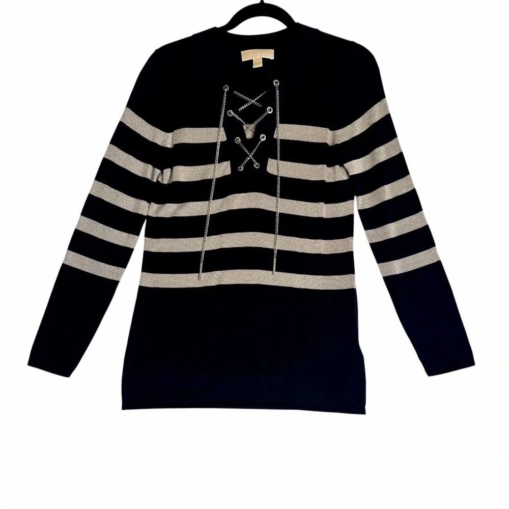 MICHAEL KORS Black Silver Striped Tunic Sweater Chain Lace-Up - Size M